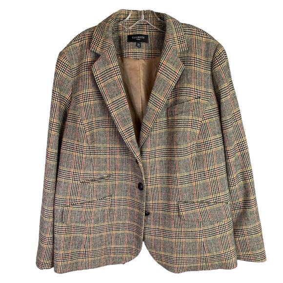 Talbots Blazer Womens Sz 18W Tan Black Tweed Plaid 3 Button Long Sleeve
